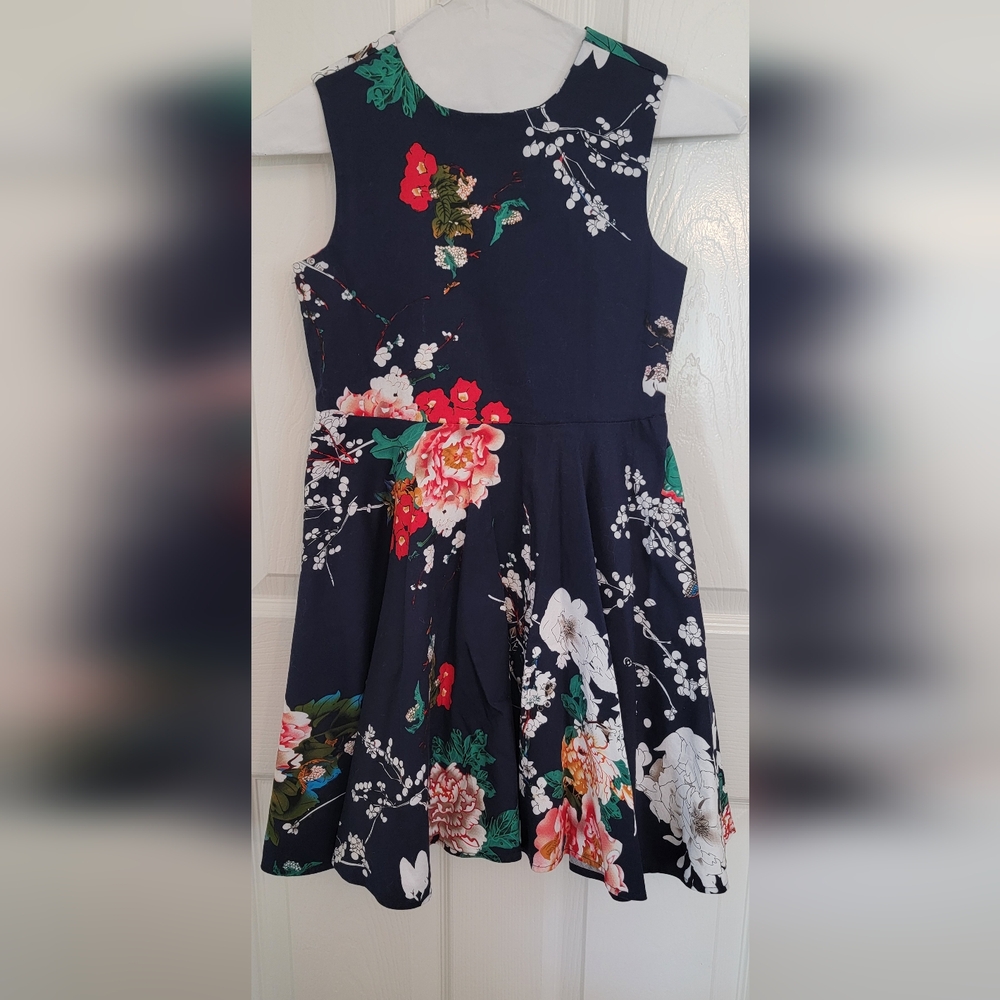 Floral Sleeveless Kids Dress - Navy and Red
